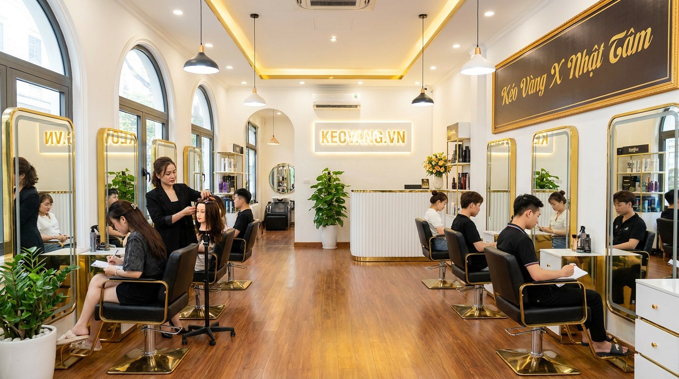 Học nghề tóc cho người mới, học viên tập cầm kéo buổi đầu tại Kéo Vàng