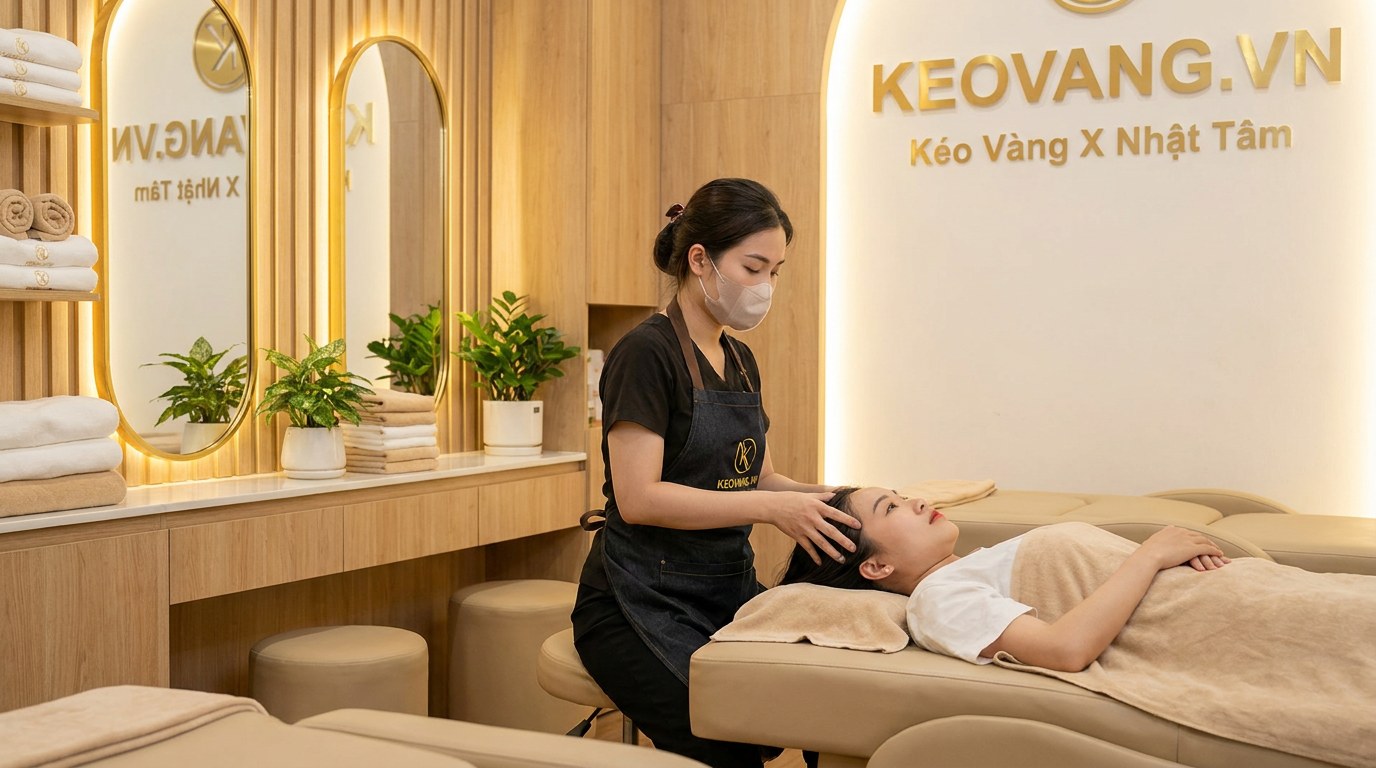 Học viên nữ thực hành gội, sấy, tạo kiểu cho khách tại salon Nhật Tâm