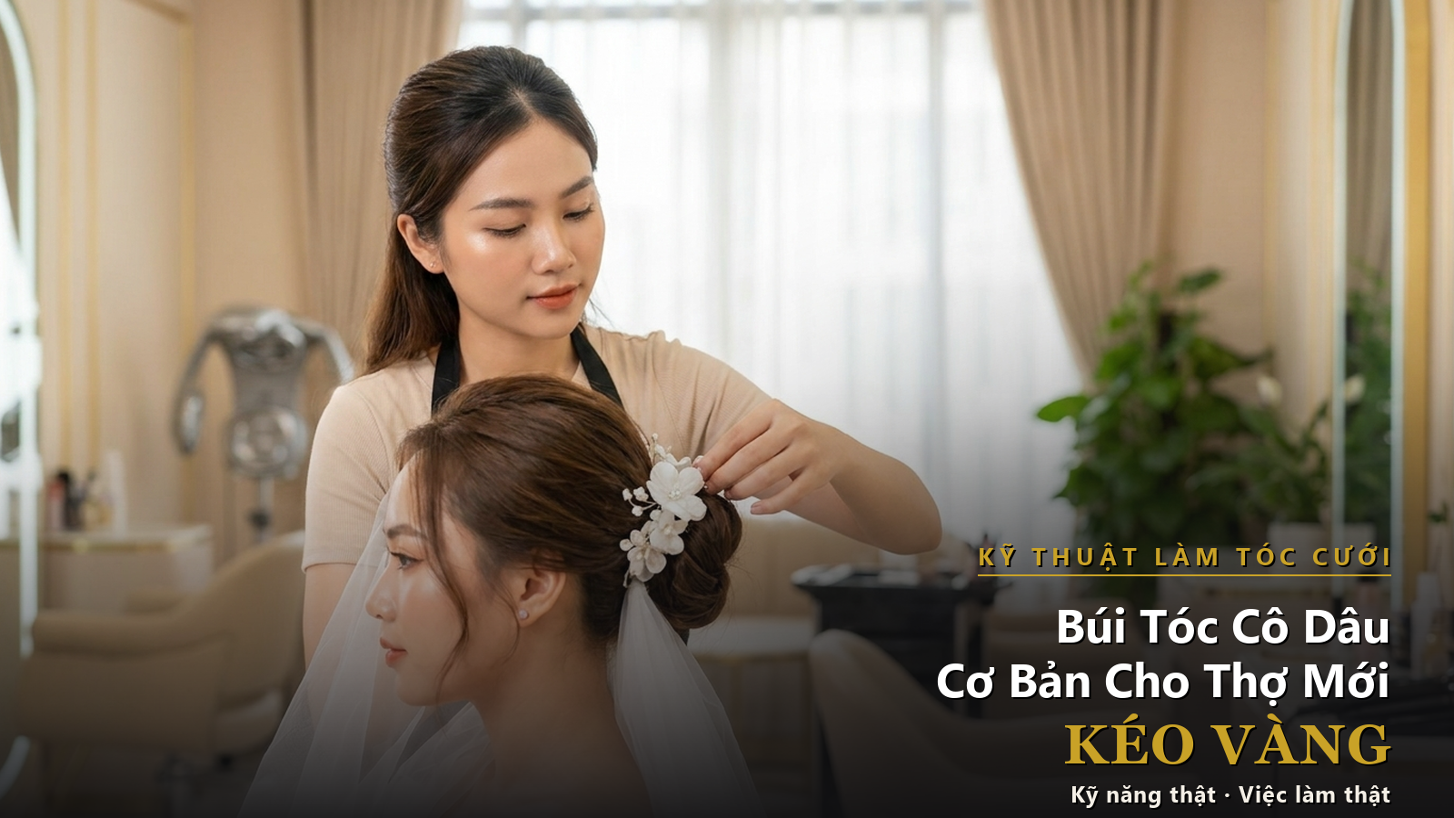 Thợ tóc trẻ người Việt búi tóc cô dâu cho khách tại salon - Kéo Vàng