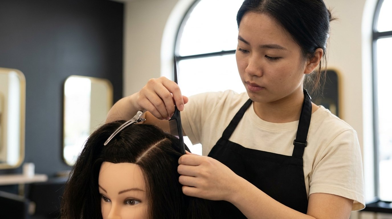 Học viên chia vùng tóc trên đầu ma-nơ-canh để tập ba đường cắt cơ bản