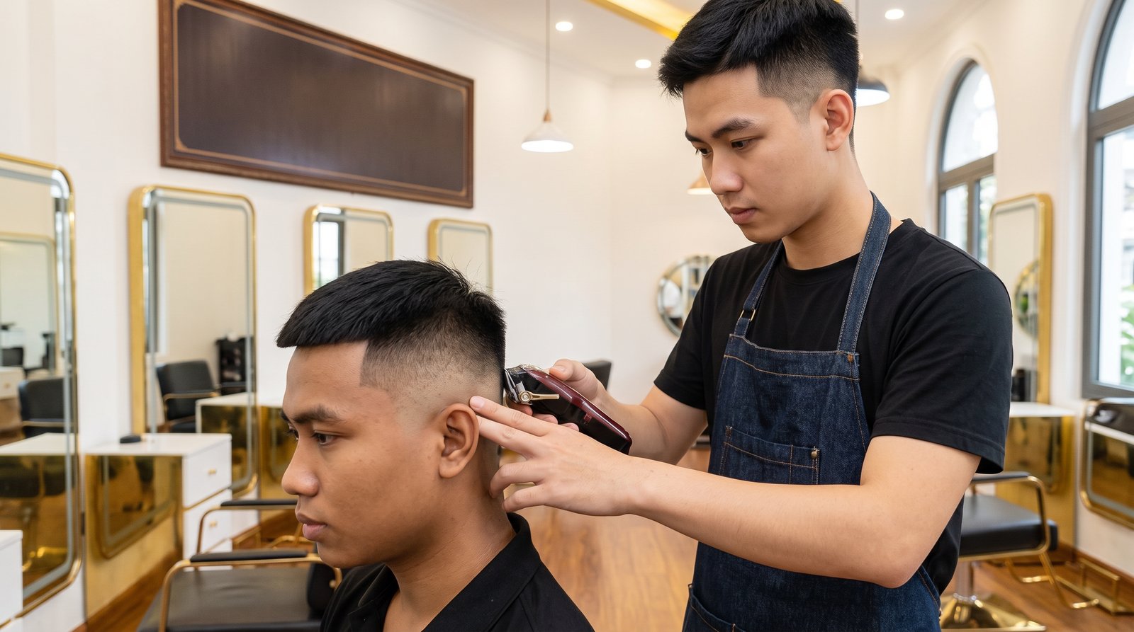 Thợ tóc dùng tông đơ đánh mờ vệt fade bên đầu cho khách nam