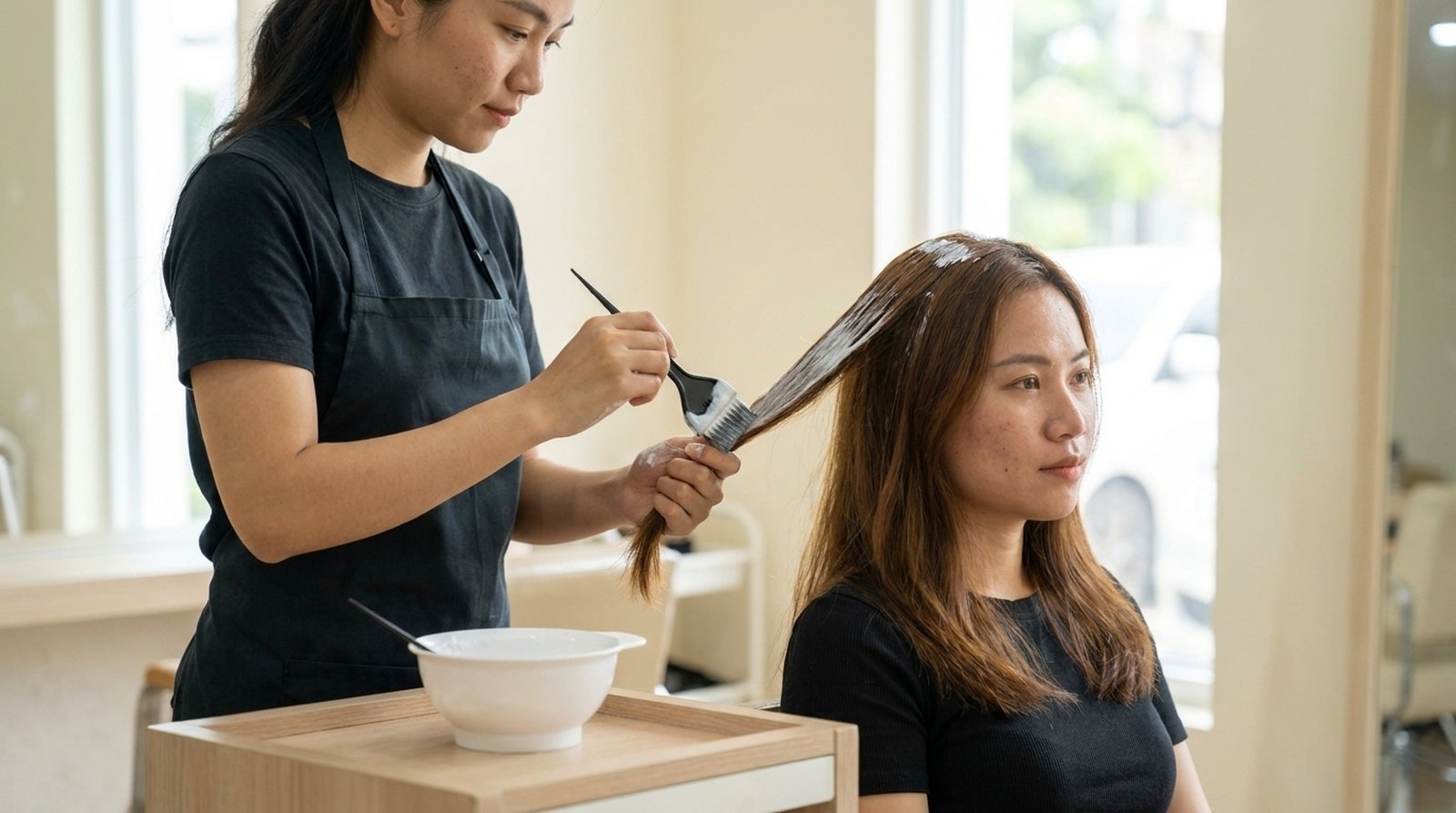 Cách chăm sóc tóc sau khi nhuộm: thoa mặt nạ dưỡng lên thân và ngọn tóc nhuộm cho khách