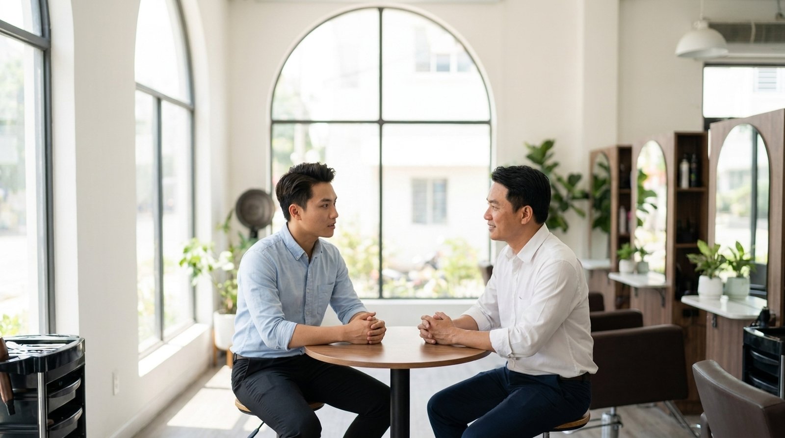 Thợ tóc trẻ hỏi rõ cách tính lương thợ tóc với chủ salon trước khi nhận việc