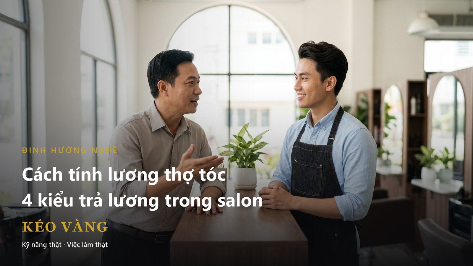 Cách tính lương thợ tóc: thợ trẻ trao đổi với chủ salon về mức lương tại quầy lễ tân