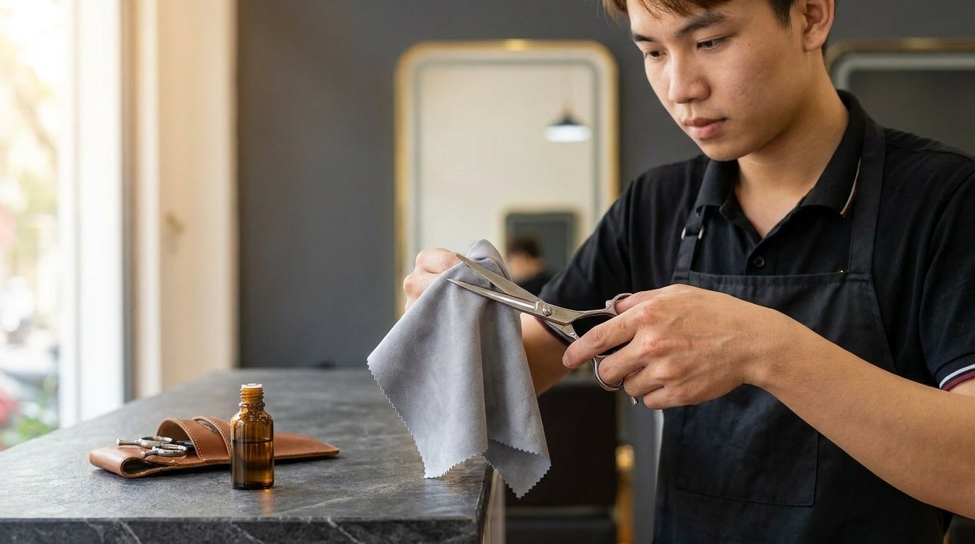 Thợ tóc trẻ lau khô lưỡi kéo bằng khăn mềm sau khi làm xong cho khách