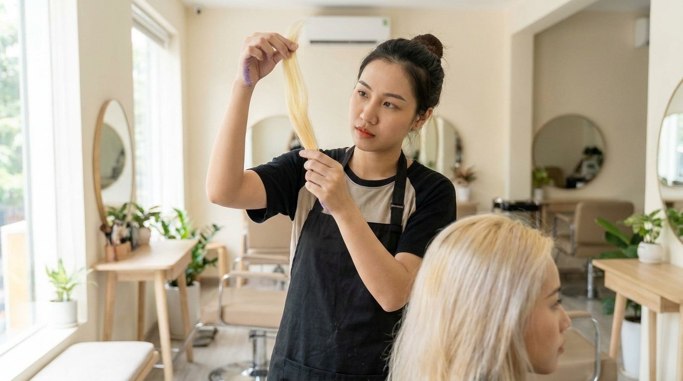 Thợ tóc soi lọn tóc tẩy dưới ánh sáng cửa sổ để đọc nền trước khi khử vàng tóc