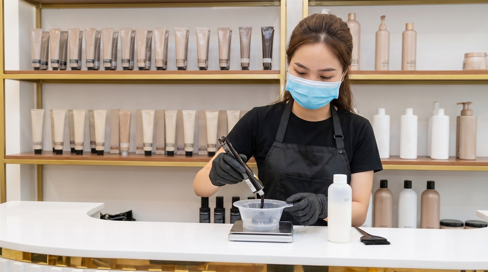 Thợ tóc đeo găng tay và khẩu trang cân đo thuốc nhuộm tại khu pha màu