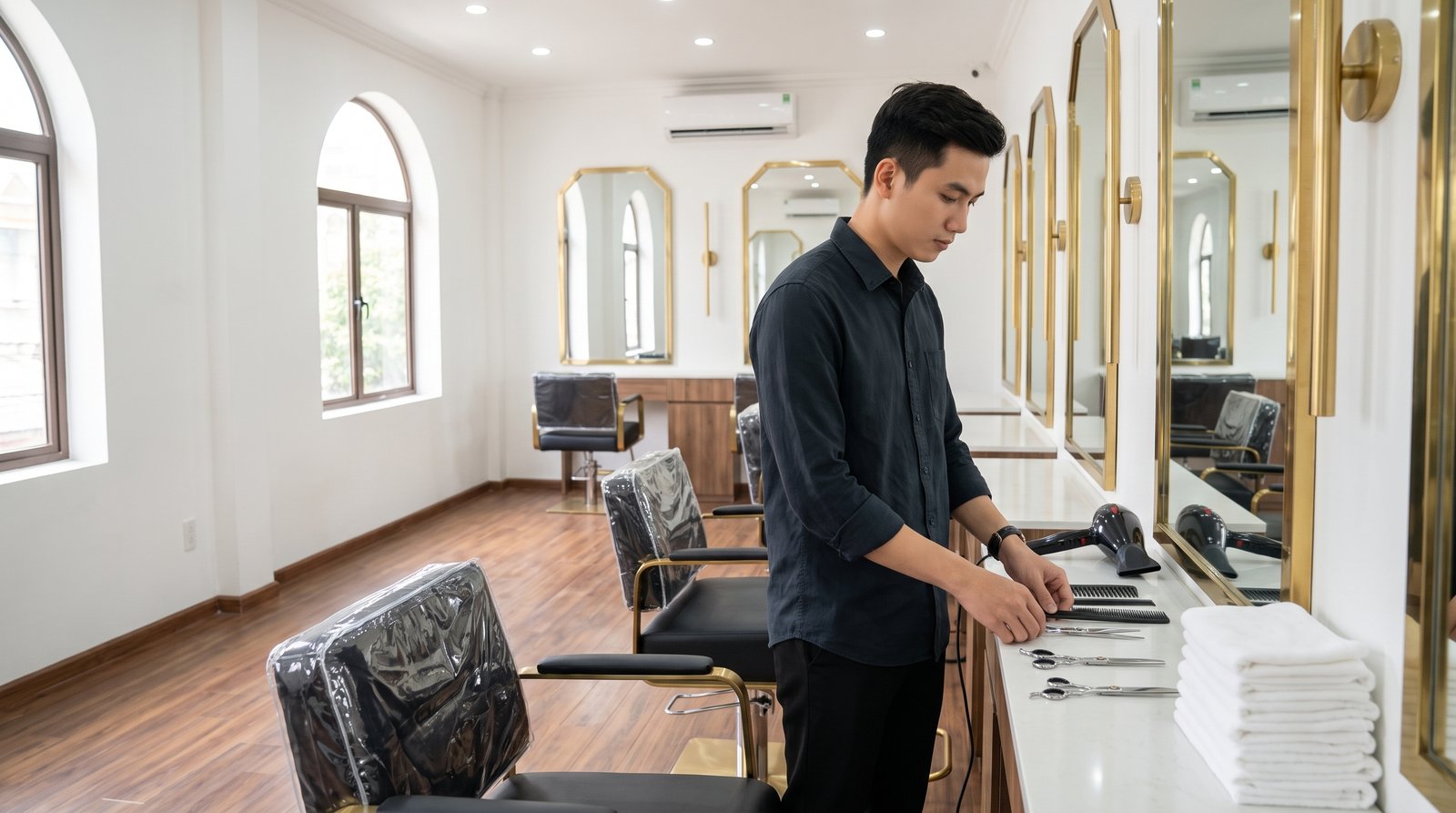 Chủ salon sắp xếp dụng cụ và khăn sạch trên bàn tạo kiểu trước ngày khai trương
