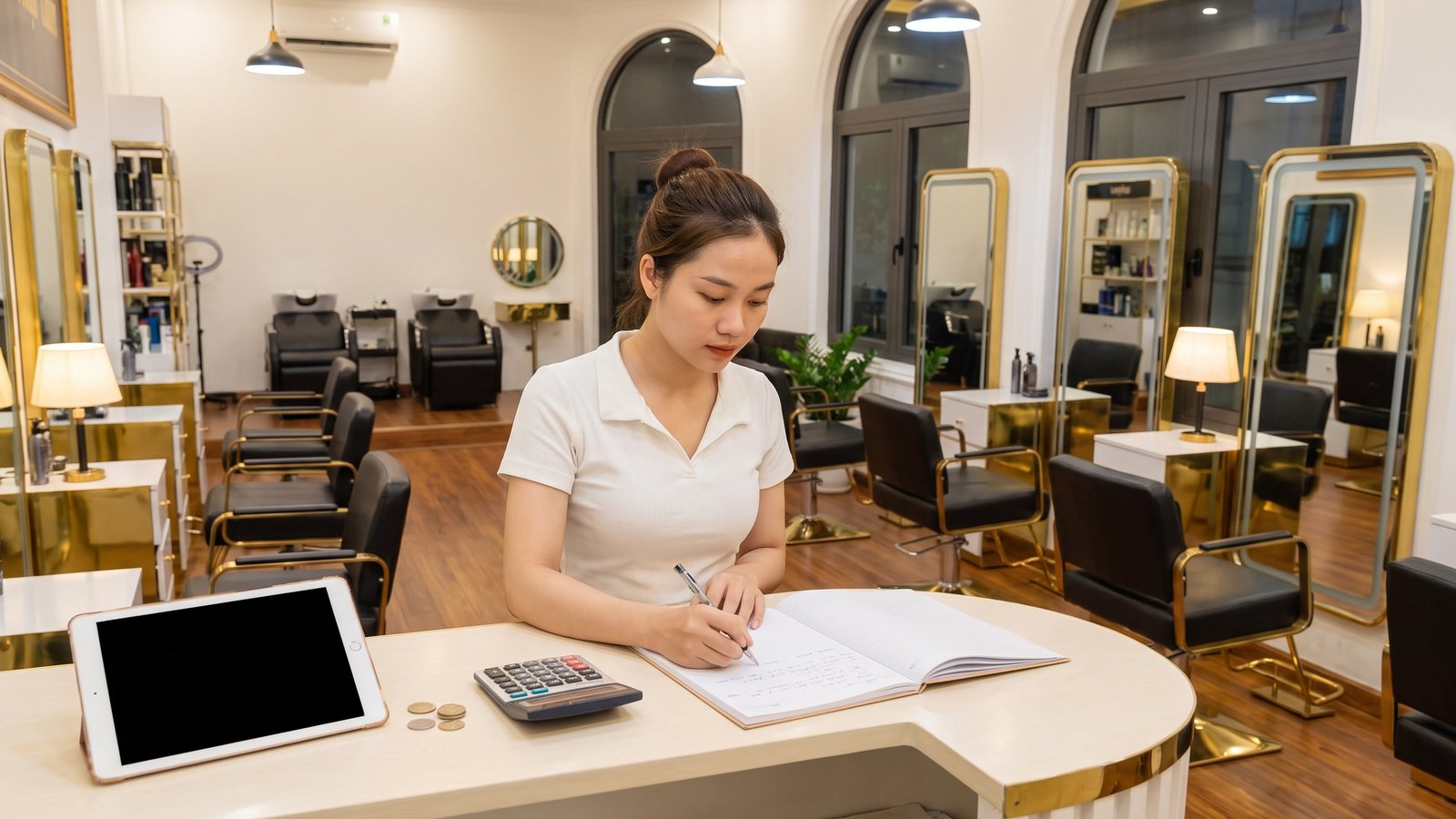 Chủ salon trẻ ngồi ghi sổ thu chi cuối ngày tại quầy lễ tân, hình dung đường làm chủ của người theo nghề tóc