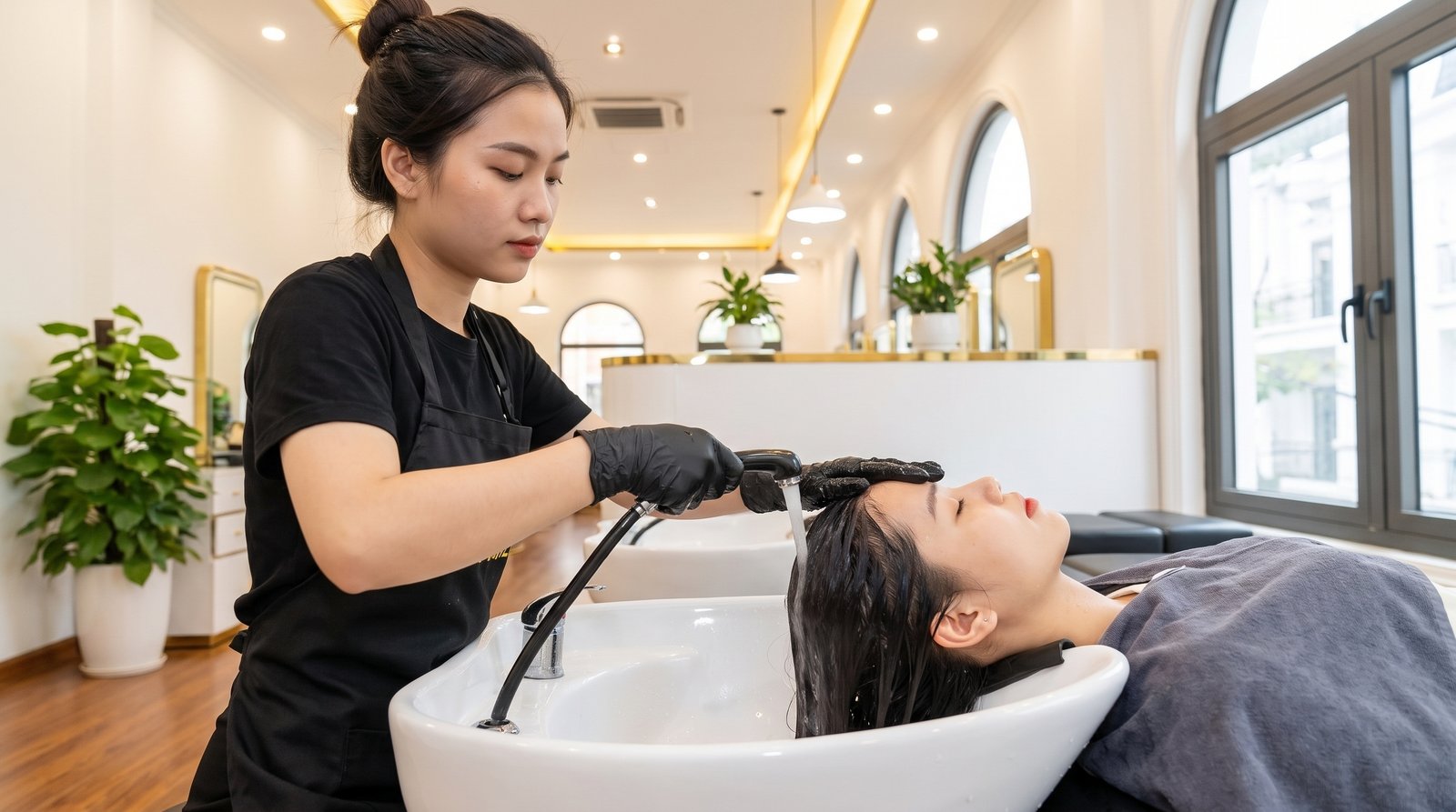 Thợ tóc gội xả sạch hoá chất cho khách tại bồn gội sau khi nhuộm
