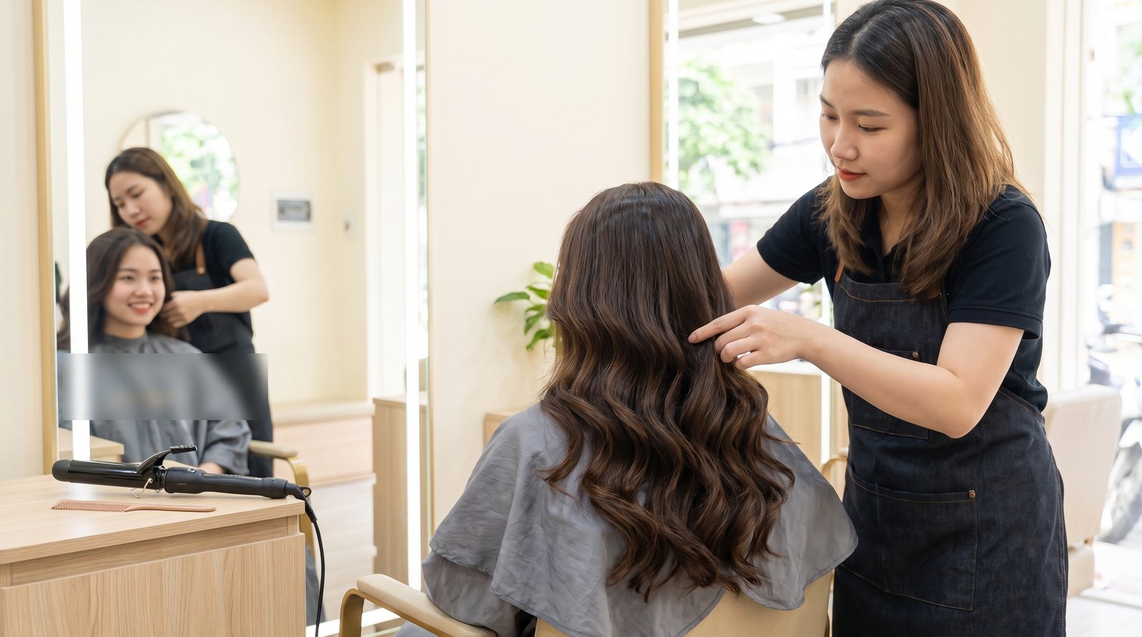 Thợ tóc chỉnh lọn sóng nước vừa uốn xong cho khách tại salon