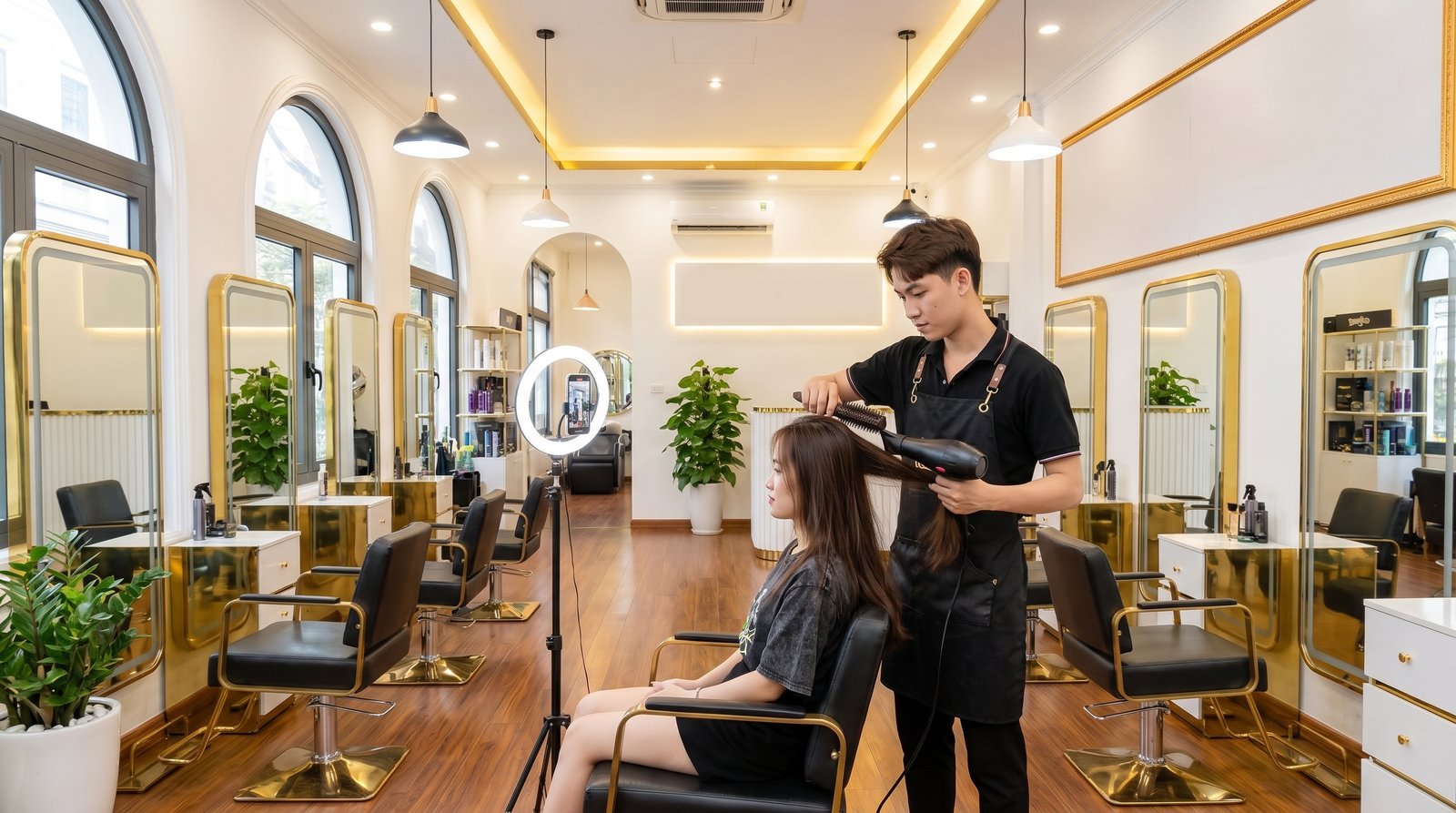 Thợ tóc quay video nội dung bằng điện thoại gắn chân máy và đèn tròn ngay trong salon