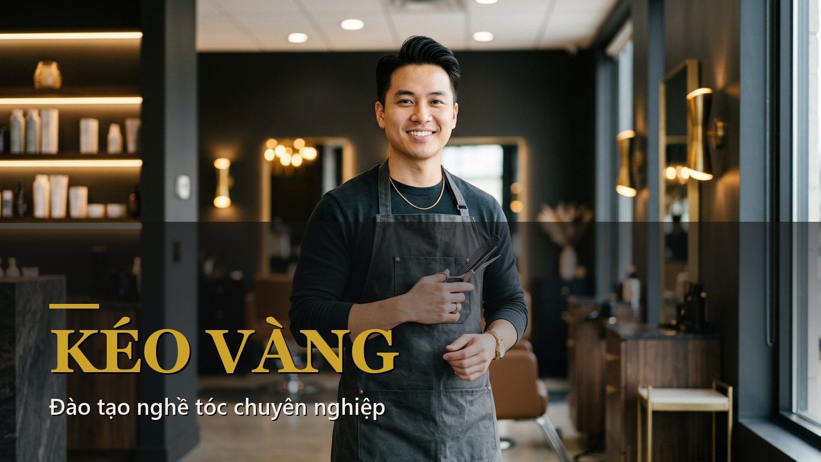 Thợ tóc trẻ tự tin tại salon, minh họa nghề cắt tóc có giàu không - Kéo Vàng